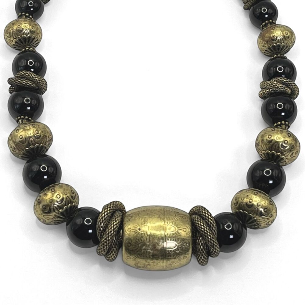 Vintage Coldwater Creek Necklace Black Gold Tone Chunky Metal Beads Heavy 22"